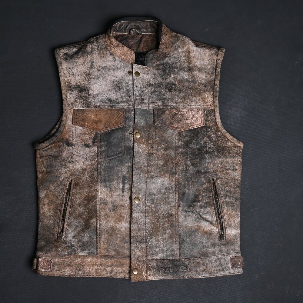 RIDERACT Men’s Brown Leather Motorcycle Vest With Armor Biker Riding Vest